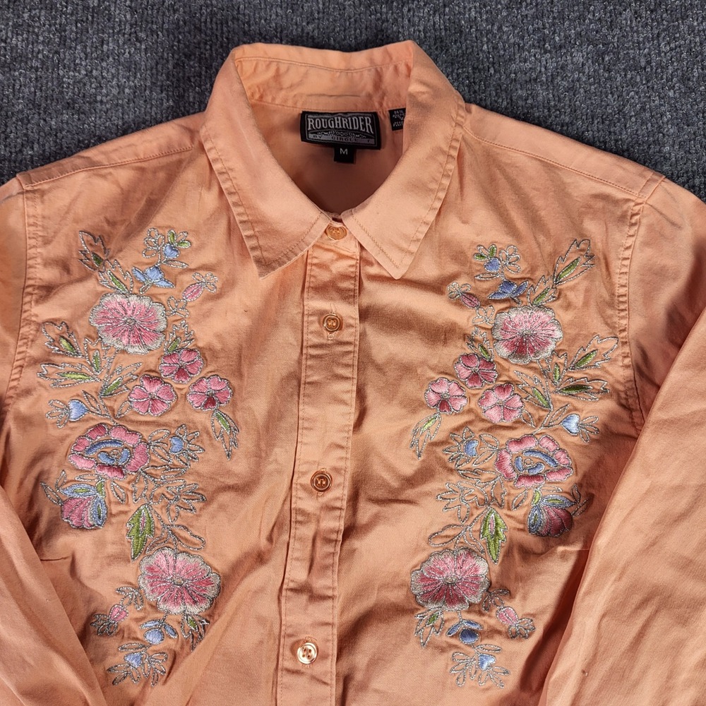 VNTG Roughrider by Circle T Peach Floral Embroidered Western Button Down Shirt M - Picture 2 of 7